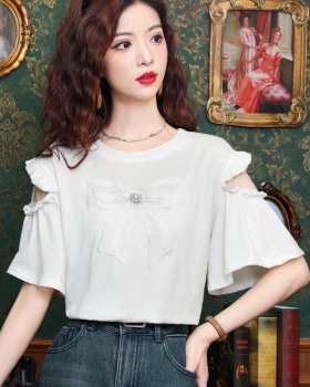 Pure cotton pearl splice tops bow gauze T-shirt for women