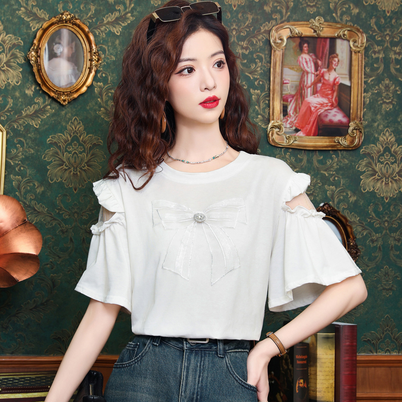 Pure cotton pearl splice tops bow gauze T-shirt for women