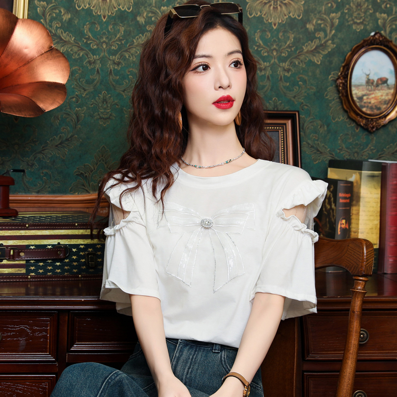 Pure cotton pearl splice tops bow gauze T-shirt for women