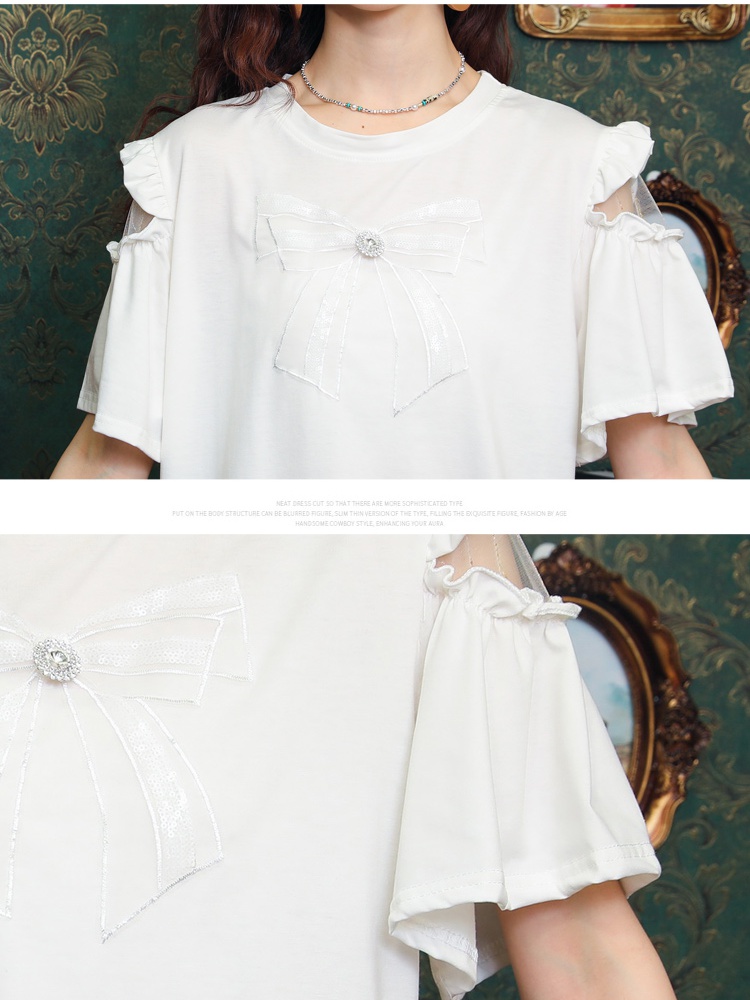 Pure cotton pearl splice tops bow gauze T-shirt for women