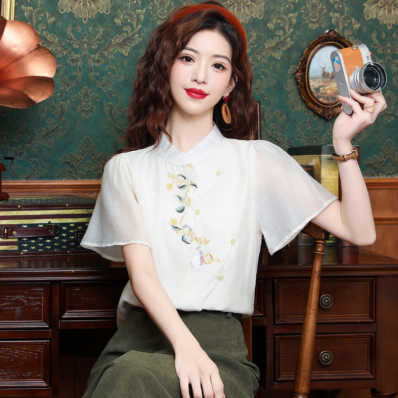 Short sleeve embroidery summer tops all-match retro shirt