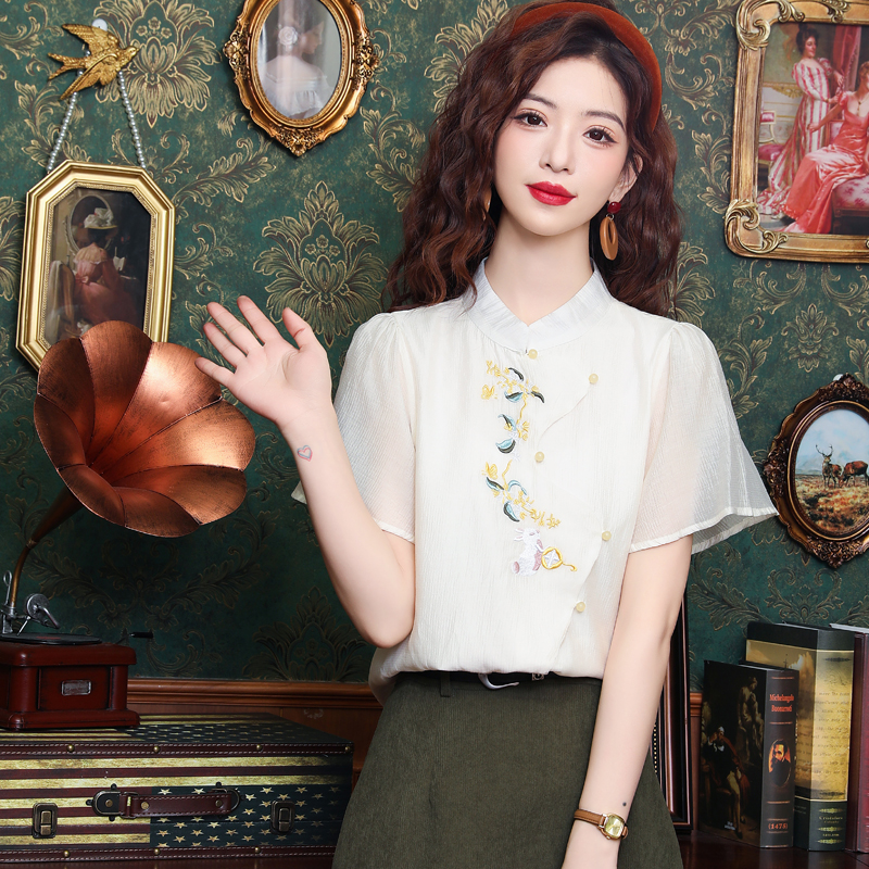 Short sleeve embroidery summer tops all-match retro shirt