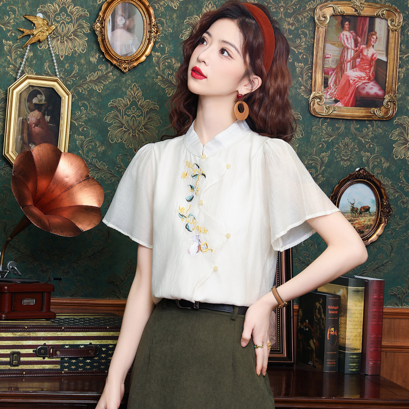 Short sleeve embroidery summer tops all-match retro shirt