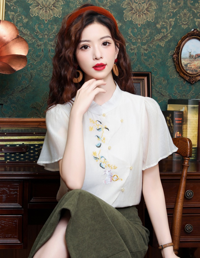 Short sleeve embroidery summer tops all-match retro shirt