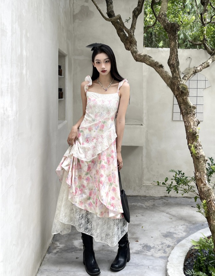 Sweetheart floral lace dress summer splice strap dress