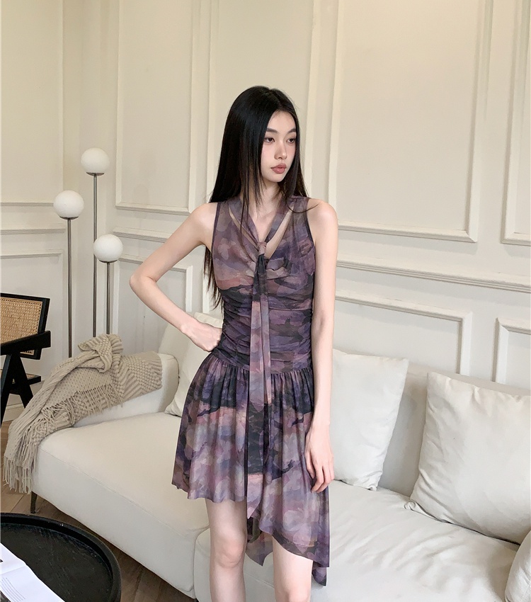 Printing pinched waist T-back gauze dress for women