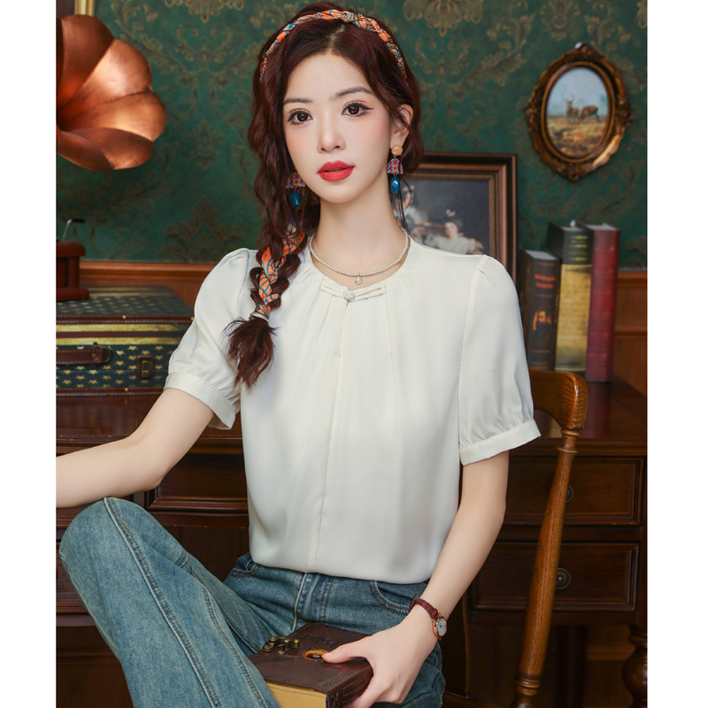 Retro summer chiffon shirt simple short sleeve tops