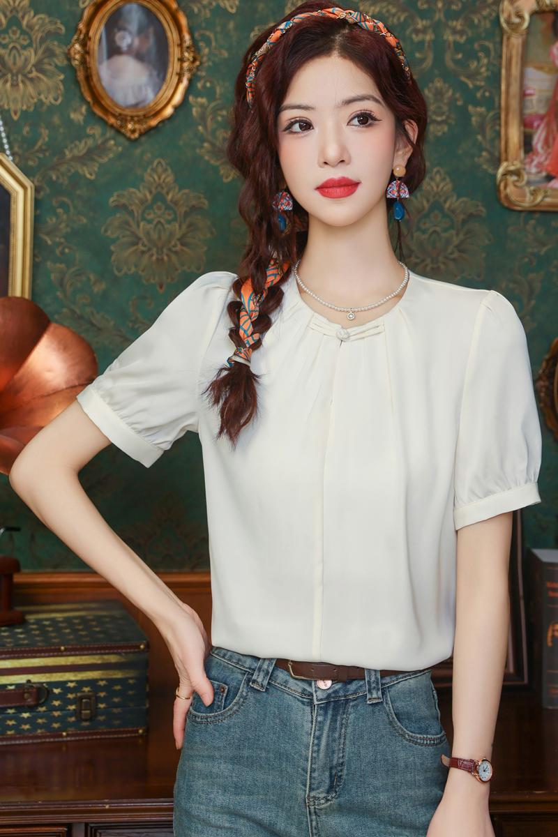 Retro summer chiffon shirt simple short sleeve tops