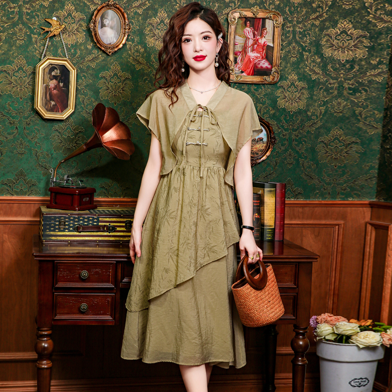 Pleated slim dress Chinese style summer long dress a set