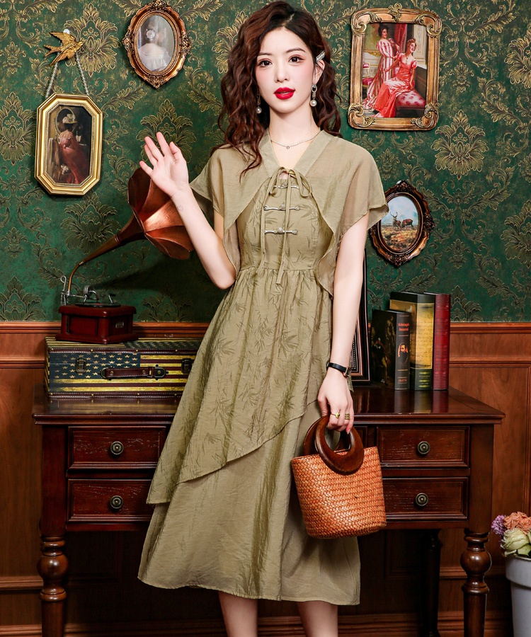 Pleated slim dress Chinese style summer long dress a set