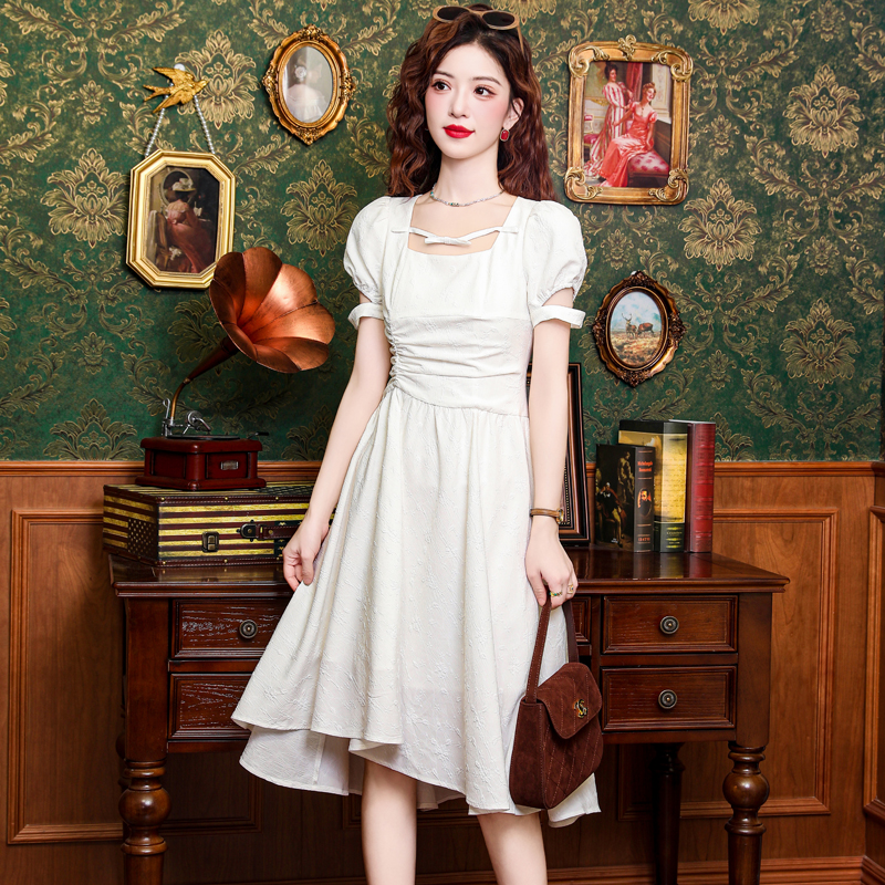 Square collar summer long dress France style dress for women