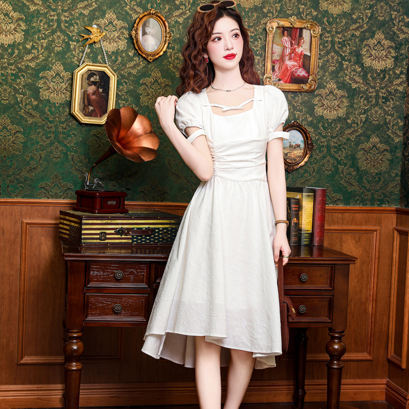 Square collar summer long dress France style dress for women