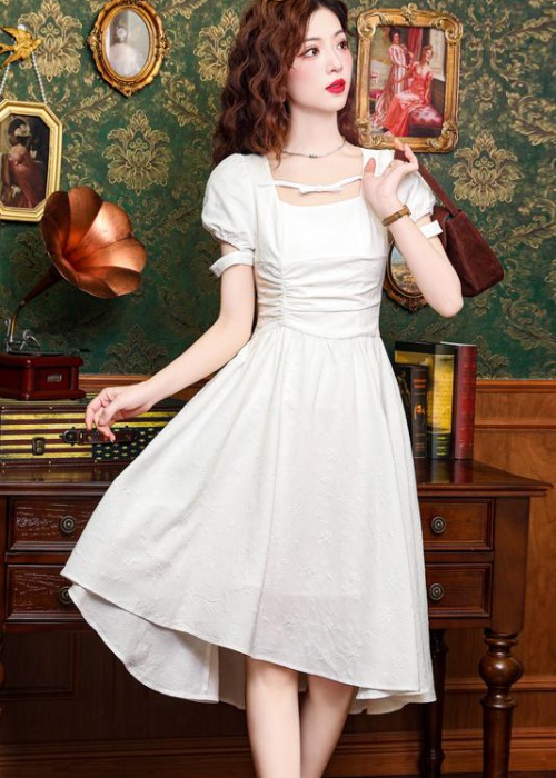 Square collar summer long dress France style dress for women