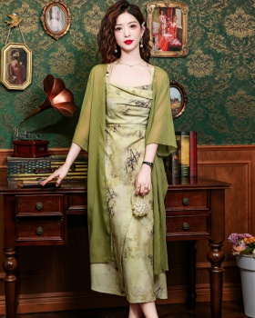 Floral retro green Chinese style sling dress 2pcs set