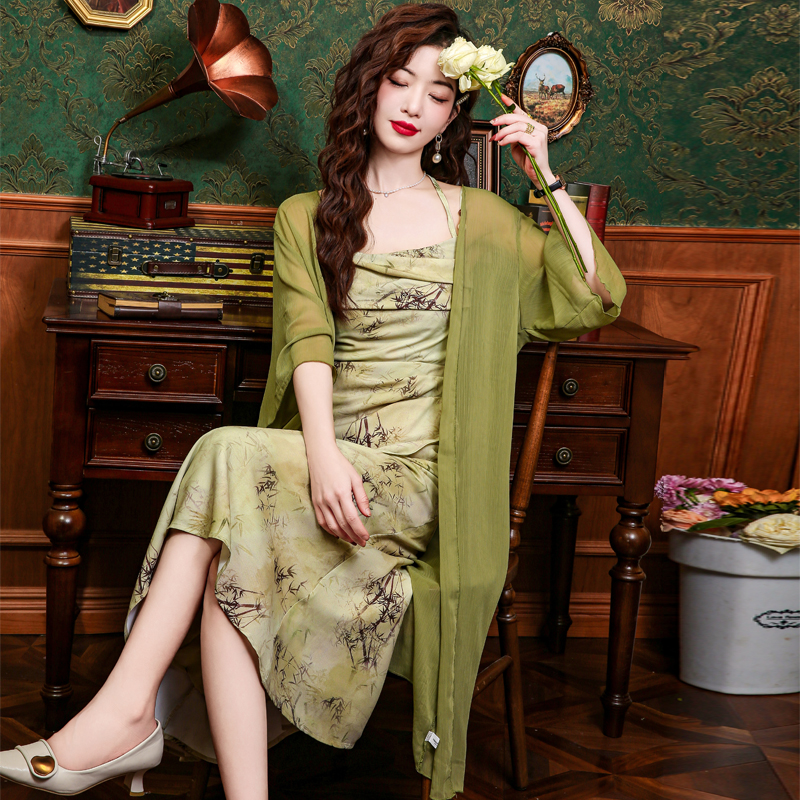 Floral retro green Chinese style sling dress 2pcs set