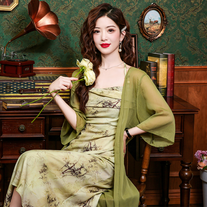 Floral retro green Chinese style sling dress 2pcs set