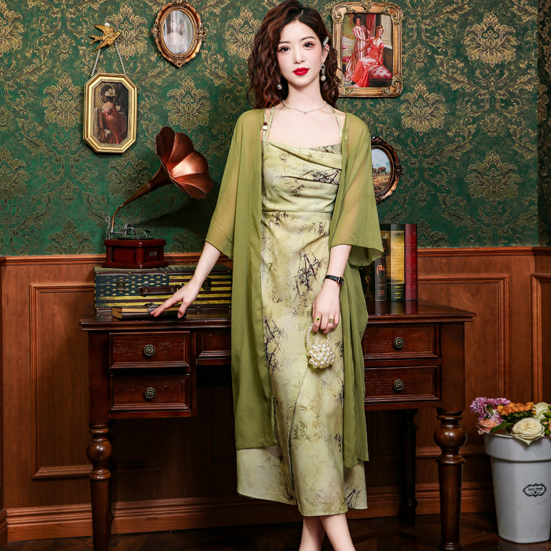 Floral retro green Chinese style sling dress 2pcs set