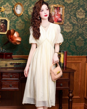 V-neck slim dress puff sleeve pinched waist long dress