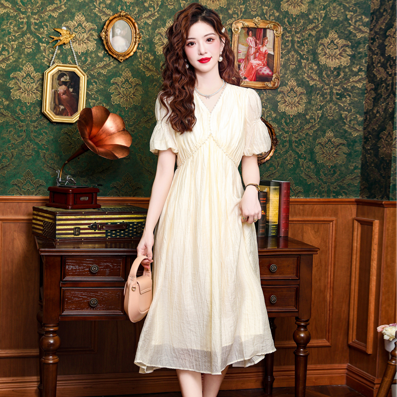 V-neck slim dress puff sleeve pinched waist long dress