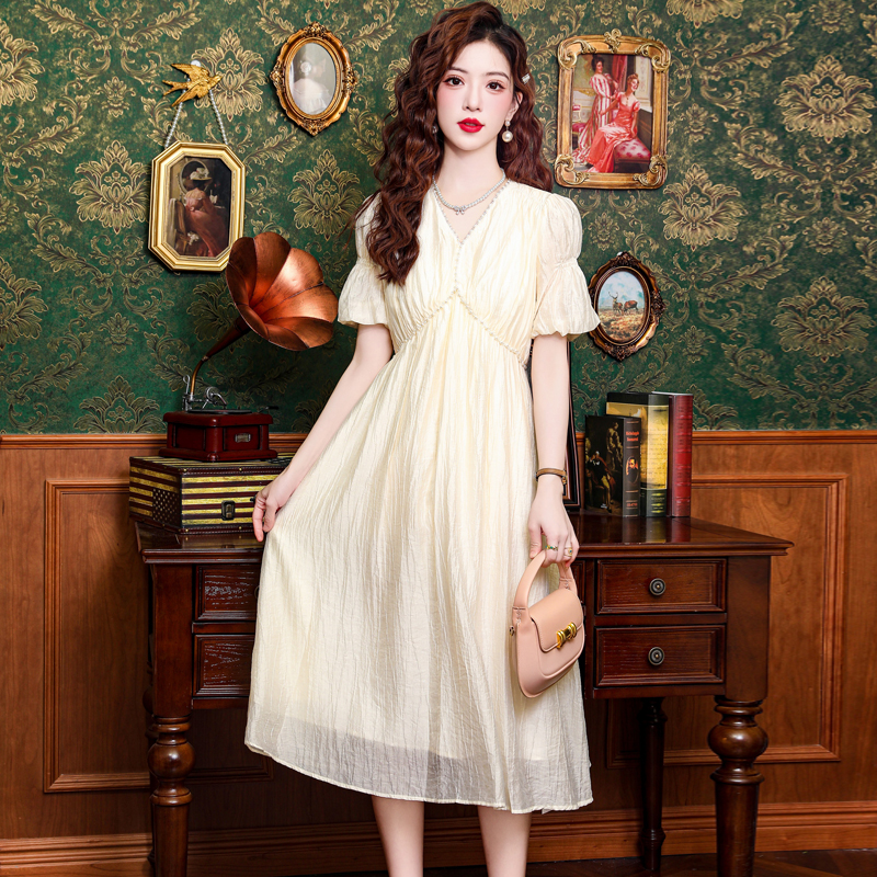 V-neck slim dress puff sleeve pinched waist long dress