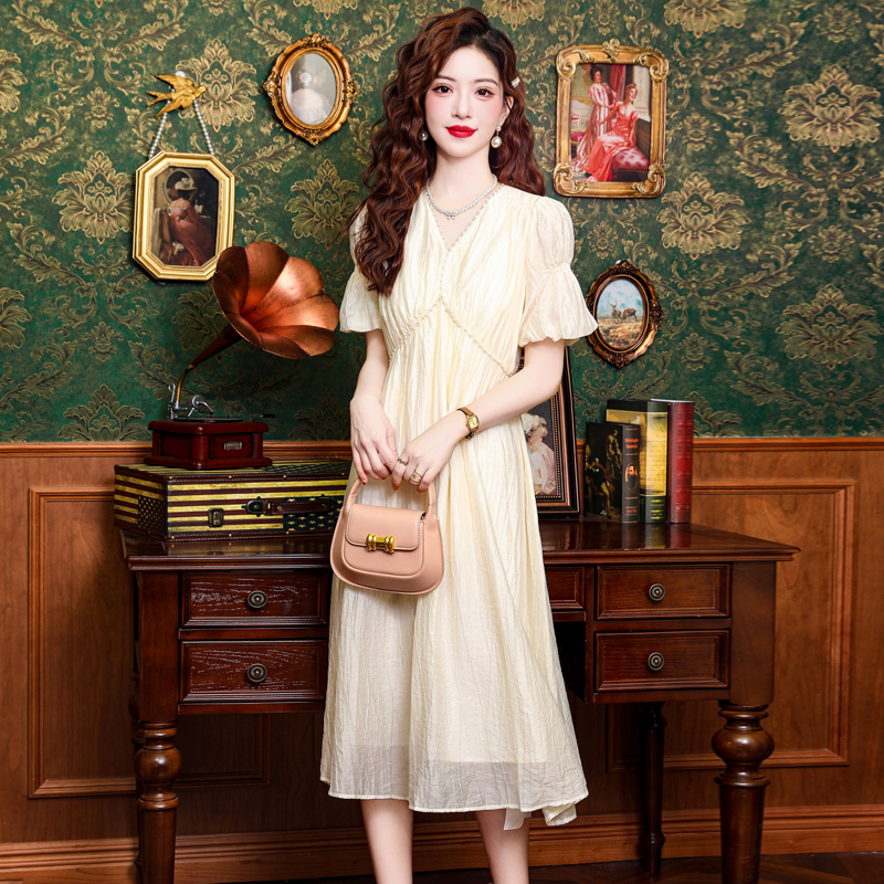 V-neck slim dress puff sleeve pinched waist long dress