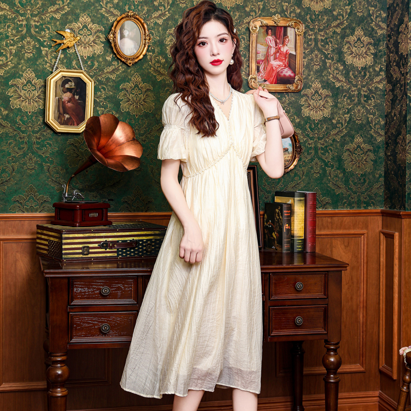 V-neck slim dress puff sleeve pinched waist long dress