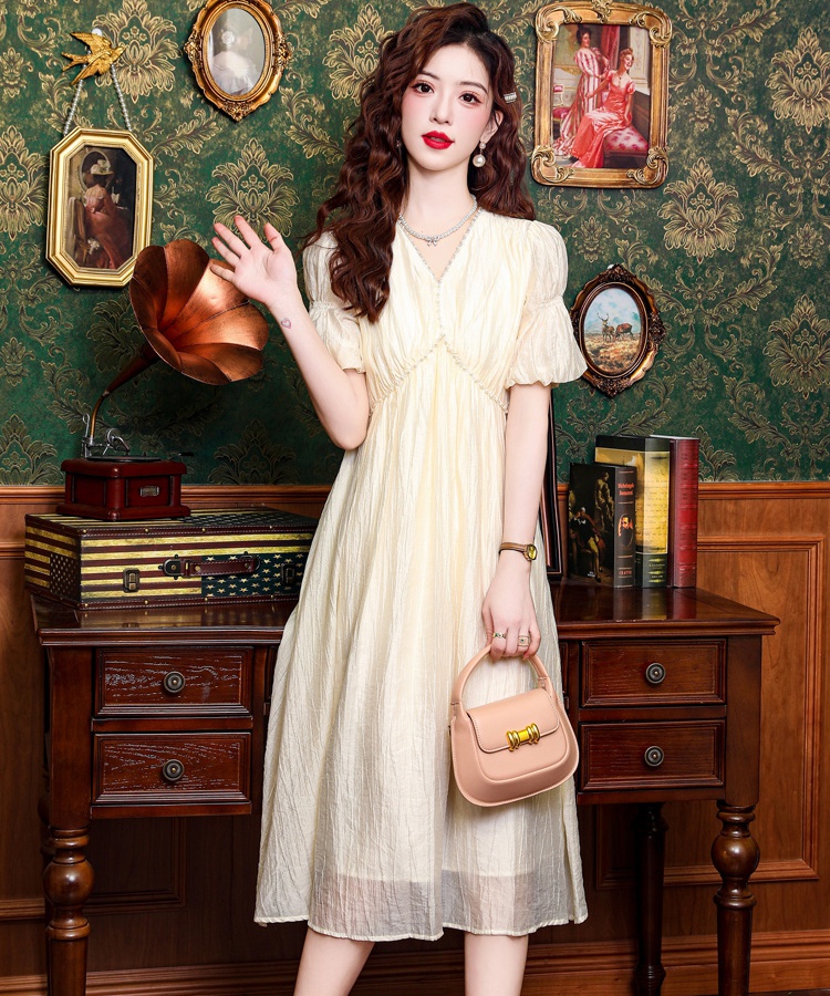 V-neck slim dress puff sleeve pinched waist long dress