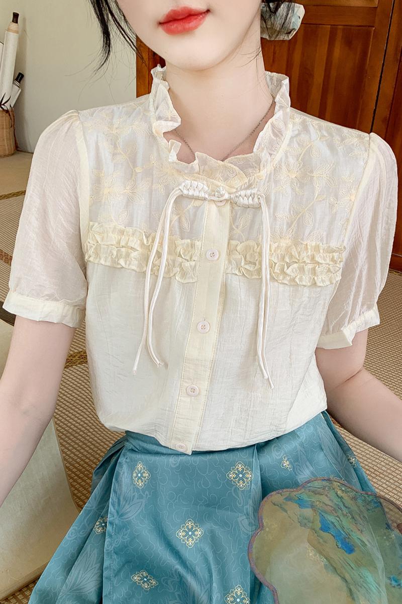 Embroidery short sleeve tops summer chiffon small shirt