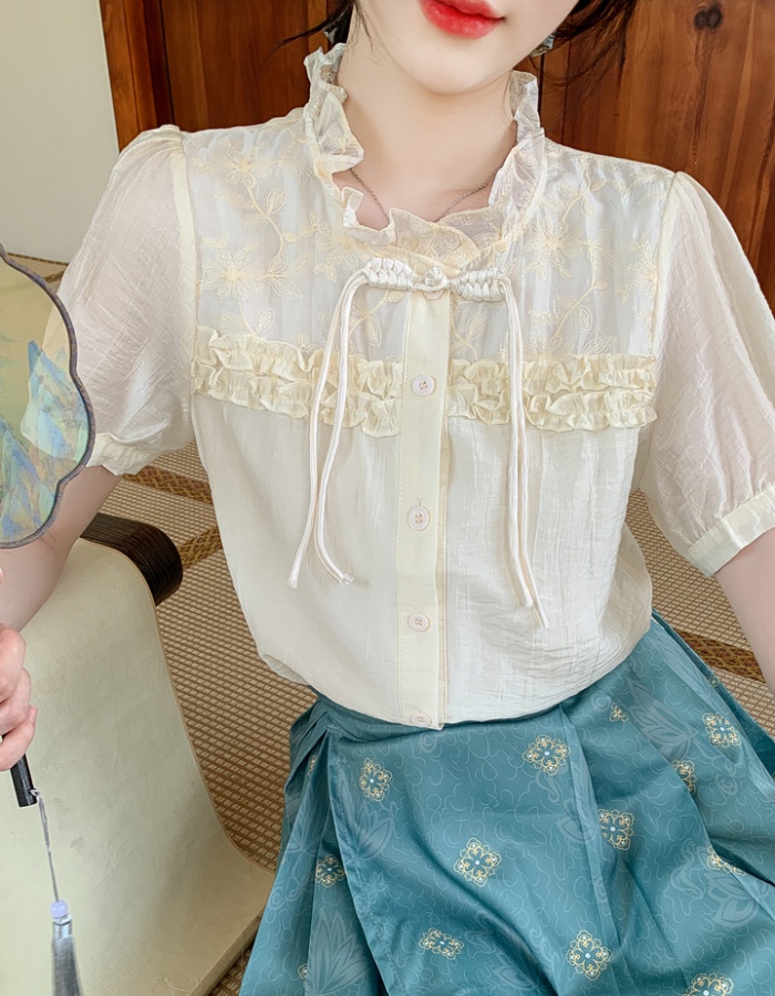 Embroidery short sleeve tops summer chiffon small shirt