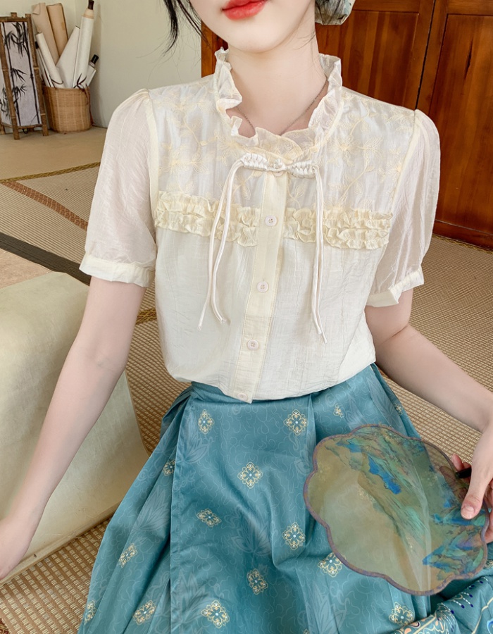 Embroidery short sleeve tops summer chiffon small shirt