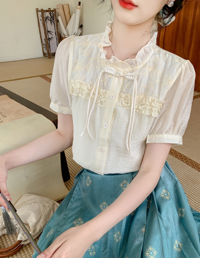 Embroidery short sleeve tops summer chiffon small shirt