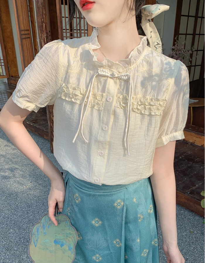 Embroidery short sleeve tops summer chiffon small shirt