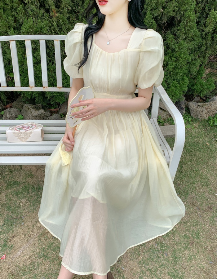 Slim long puff sleeve summer France style A-line dress