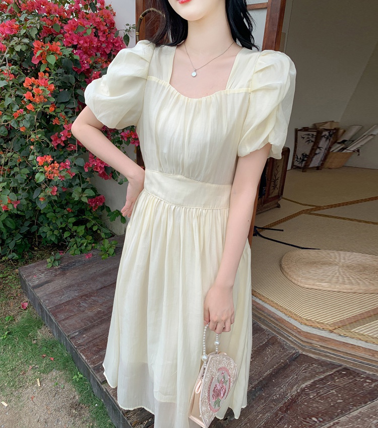 Slim long puff sleeve summer France style A-line dress