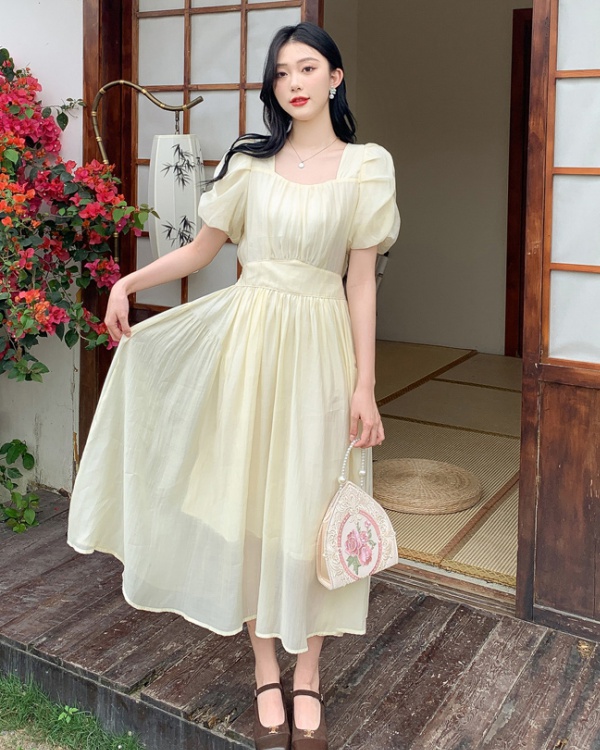 Slim long puff sleeve summer France style A-line dress