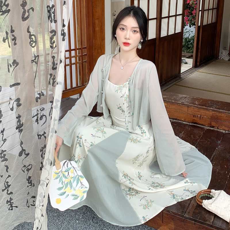 Chinese style floral sling summer niche dress 2pcs set