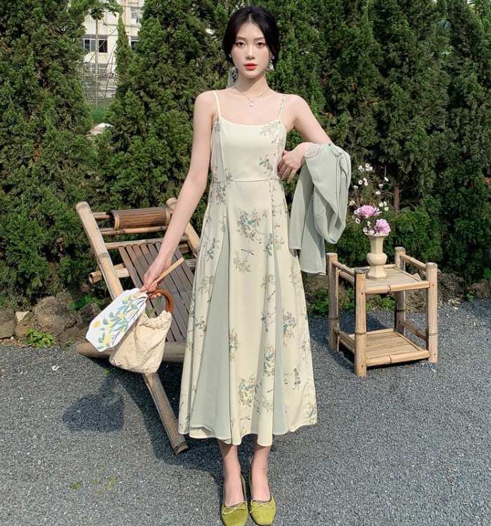 Chinese style floral sling summer niche dress 2pcs set