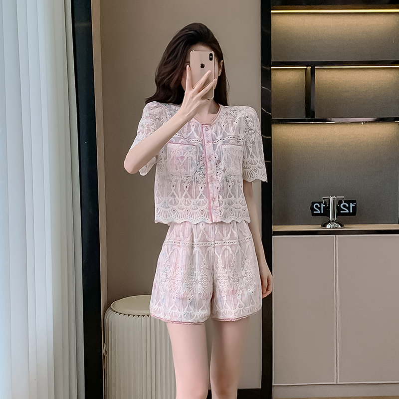 Lace summer tops A-line hollow shorts 2pcs set for women