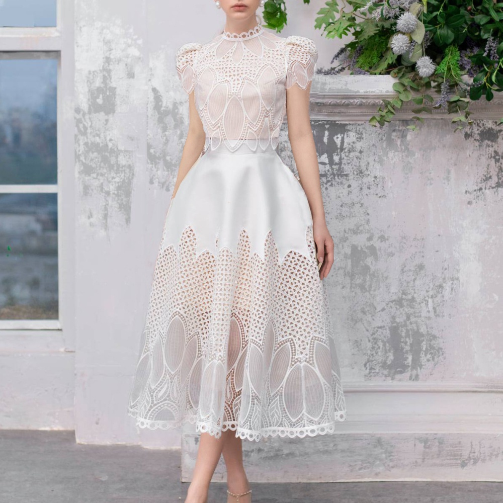 Hollow lace court style embroidery dress 2pcs set