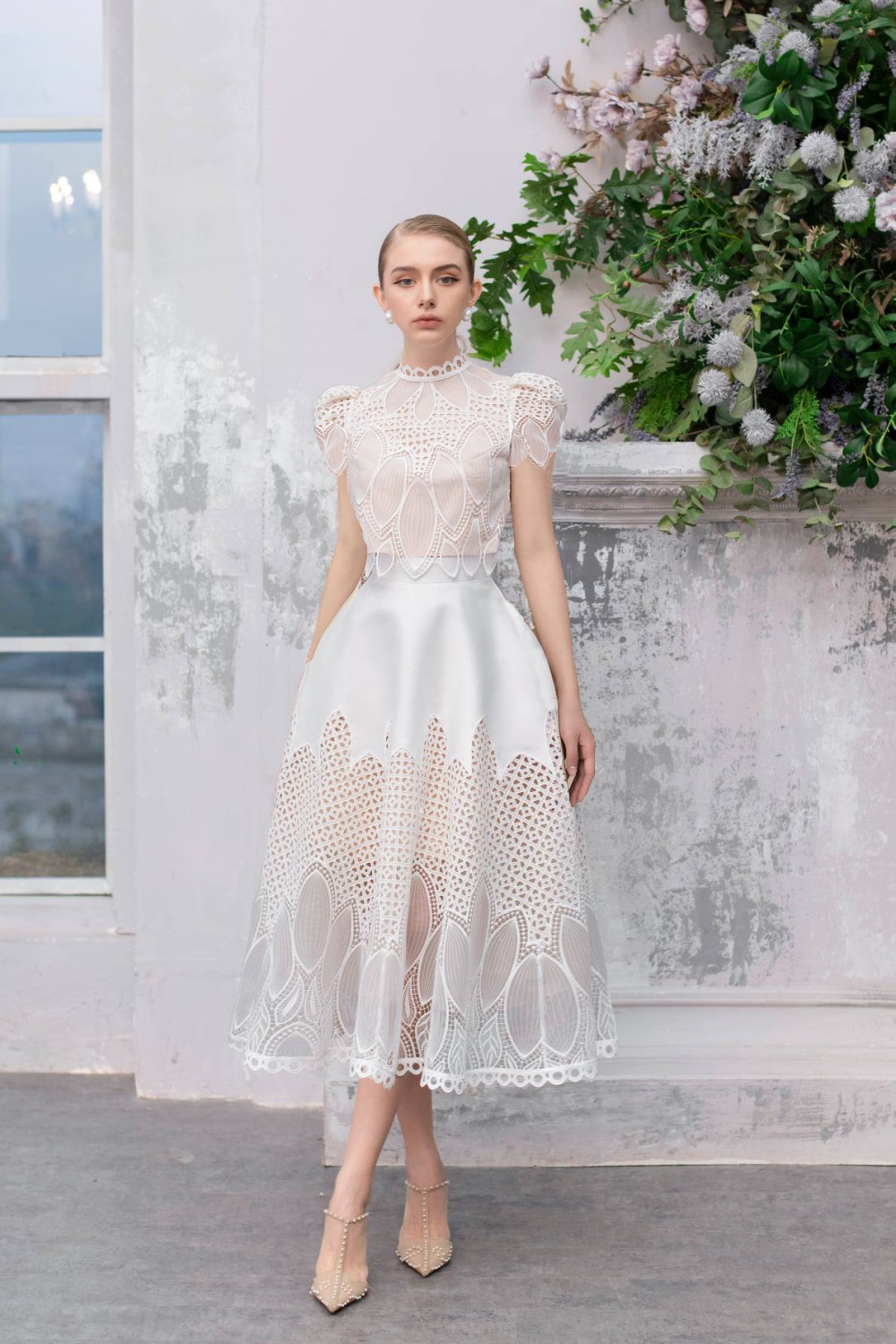 Hollow lace court style embroidery dress 2pcs set