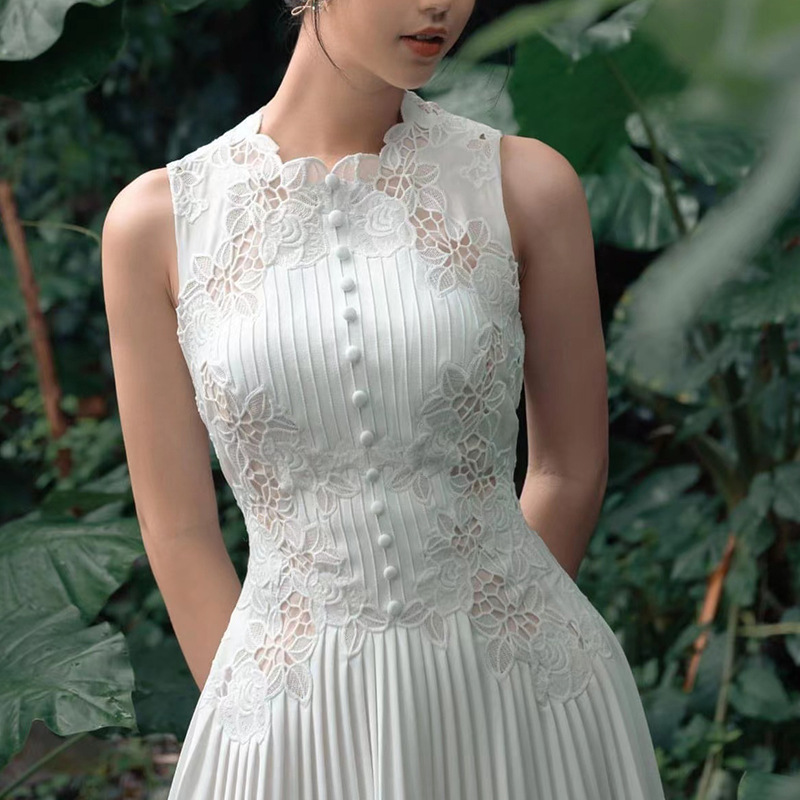 White lace summer long dress embroidery aesthetic dress