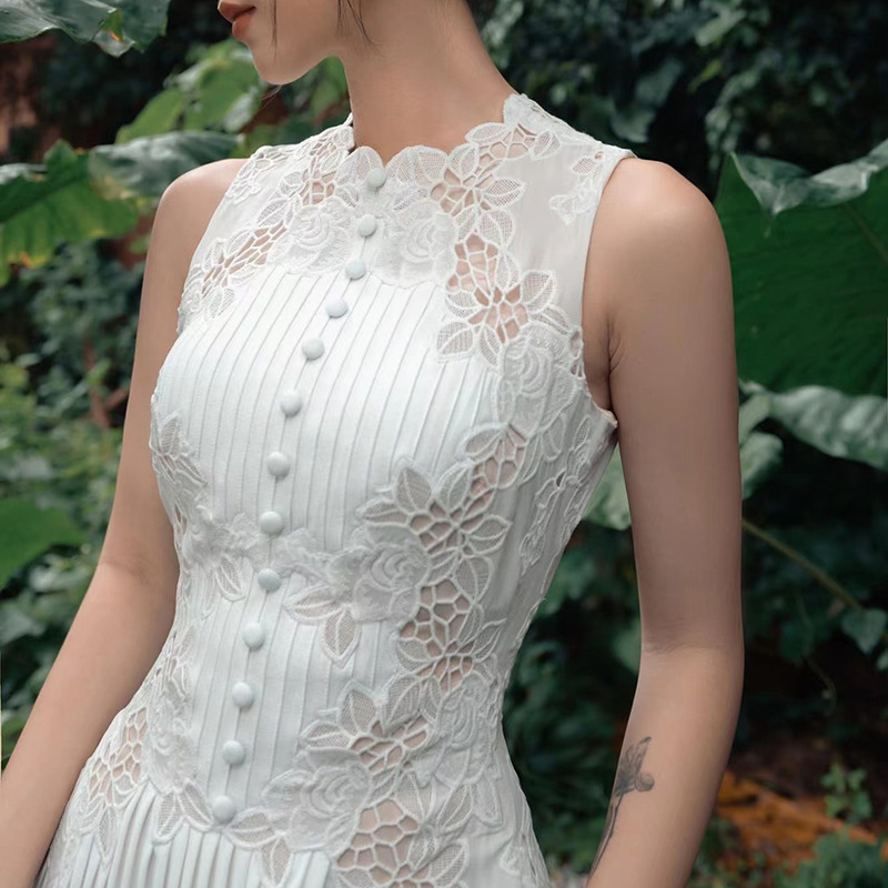 White lace summer long dress embroidery aesthetic dress