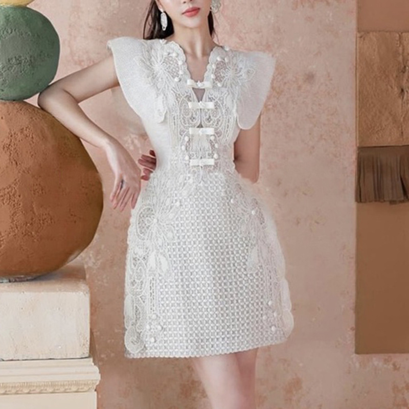 Niche lace slim T-back summer pinched waist dress for women