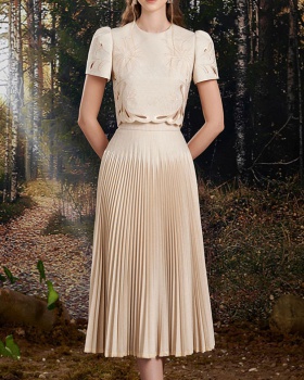 Plain elegant hollow dress summer retro skirt 2pcs set