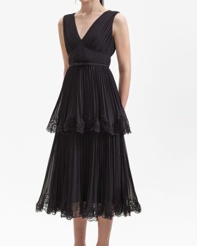 Hepburn style dress pinched waist long dress