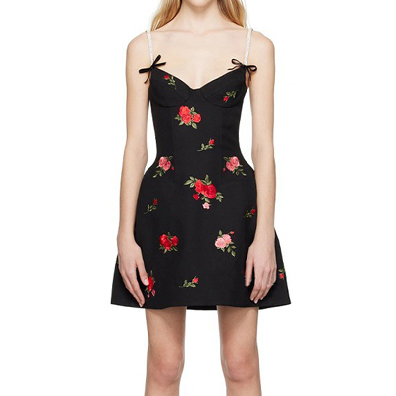 Rose pinched waist retro lady dress sling floral dress