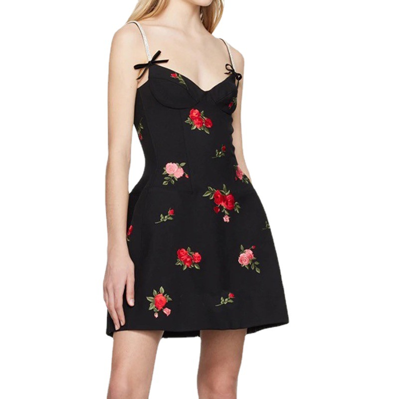 Rose pinched waist retro lady dress sling floral dress