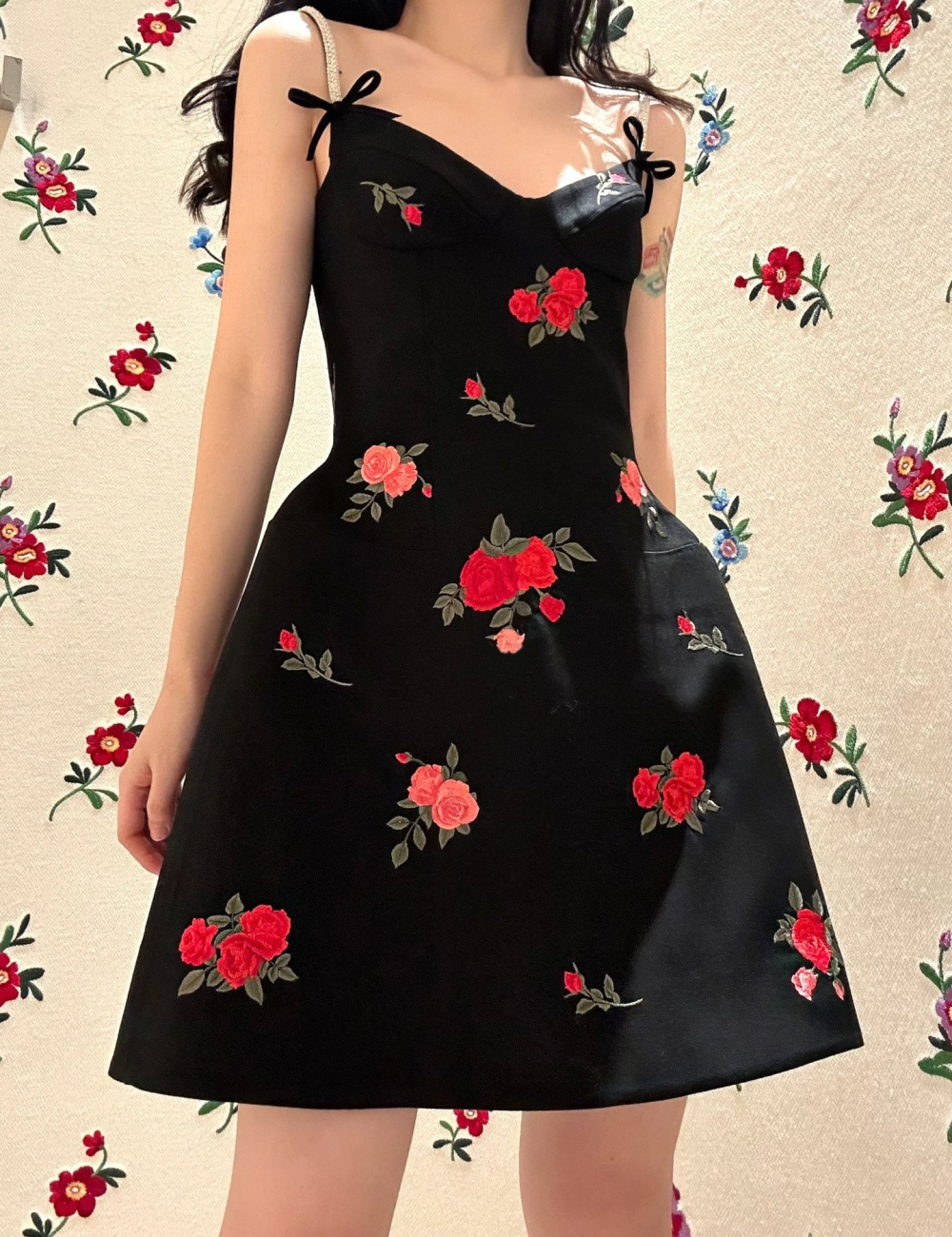 Rose pinched waist retro lady dress sling floral dress