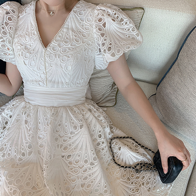 Puff sleeve pinched waist summer white lace dress