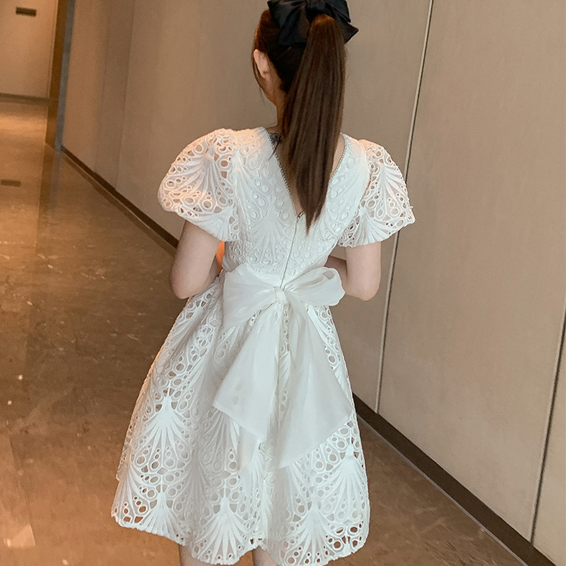 Puff sleeve pinched waist summer white lace dress